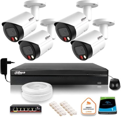 Zestaw monitoringu IP Dahua 4 kamer FullHD z podwójnych oświetleniem kolor w nocy Zestaw monitoringu IP Dahua 4 kamer FullHD z podwójnych oświetleniem kolor w nocy