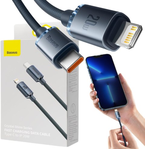 KABEL USB-C / Lightning iPhone Baseus Crystal CAJY000301 2m 20W PD QC CZARNY W OPLOCIE PREMIUM KABEL USB-C / Lightning iPhone Baseus Crystal CAJY000301 2m 20W PD QC CZARNY W OPLOCIE PREMIUM