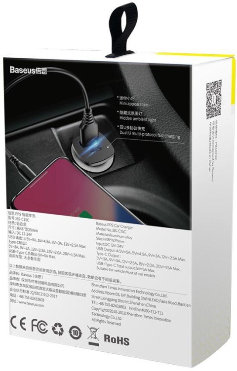 ŁADOWARKA SAMOCHODOWA Baseus Square CCALL-AS01 30W 5A 1x USB-A 1x USB-C QC 4.0+ ŁADOWARKA SAMOCHODOWA Baseus Square CCALL-AS01 30W 5A 1x USB-A 1x USB-C QC 4.0+